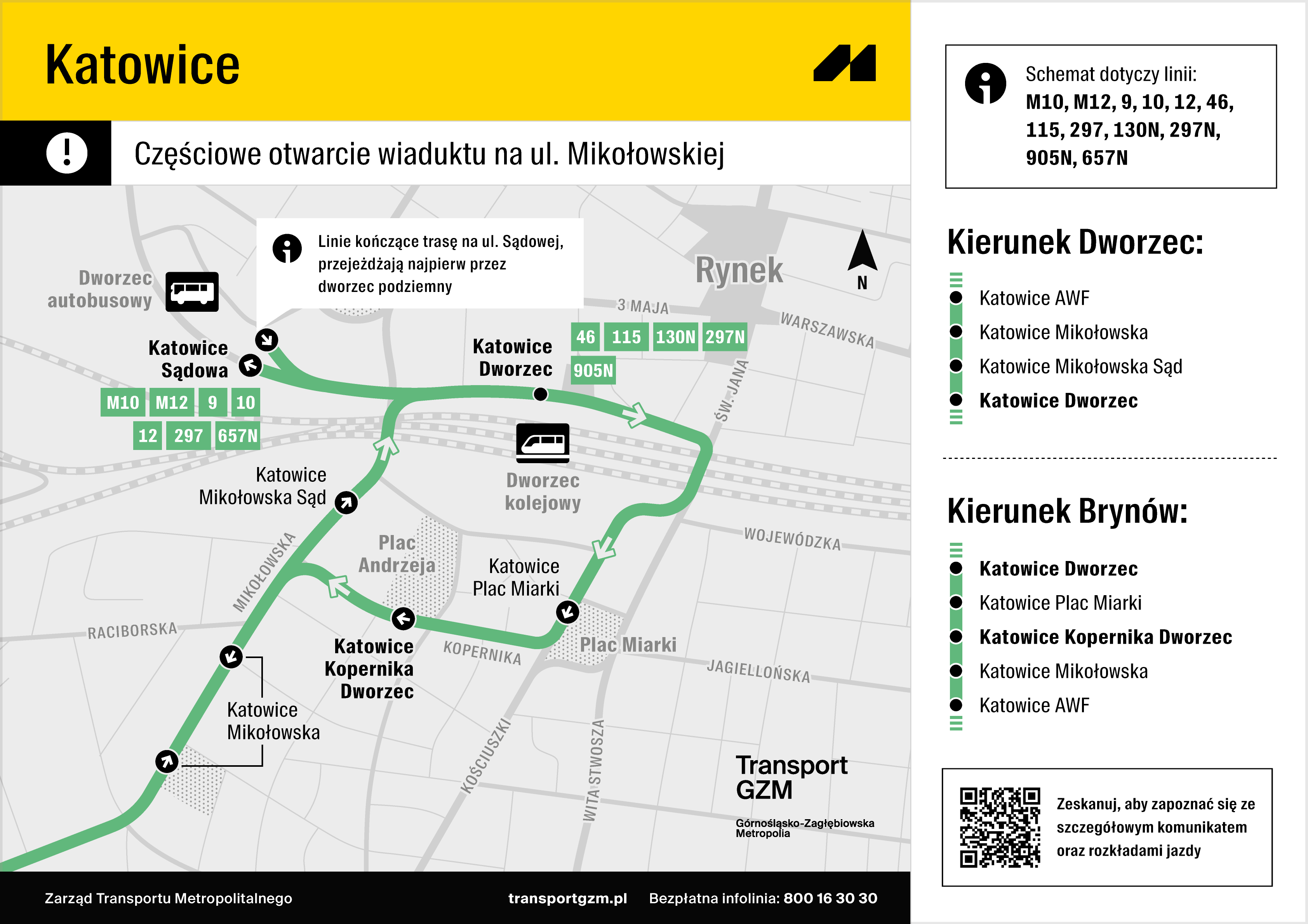 Katowice – schemat linii M10, M12, 9, 10, 12, 46, 115, 297, 130N, 297N, 905N, 657N